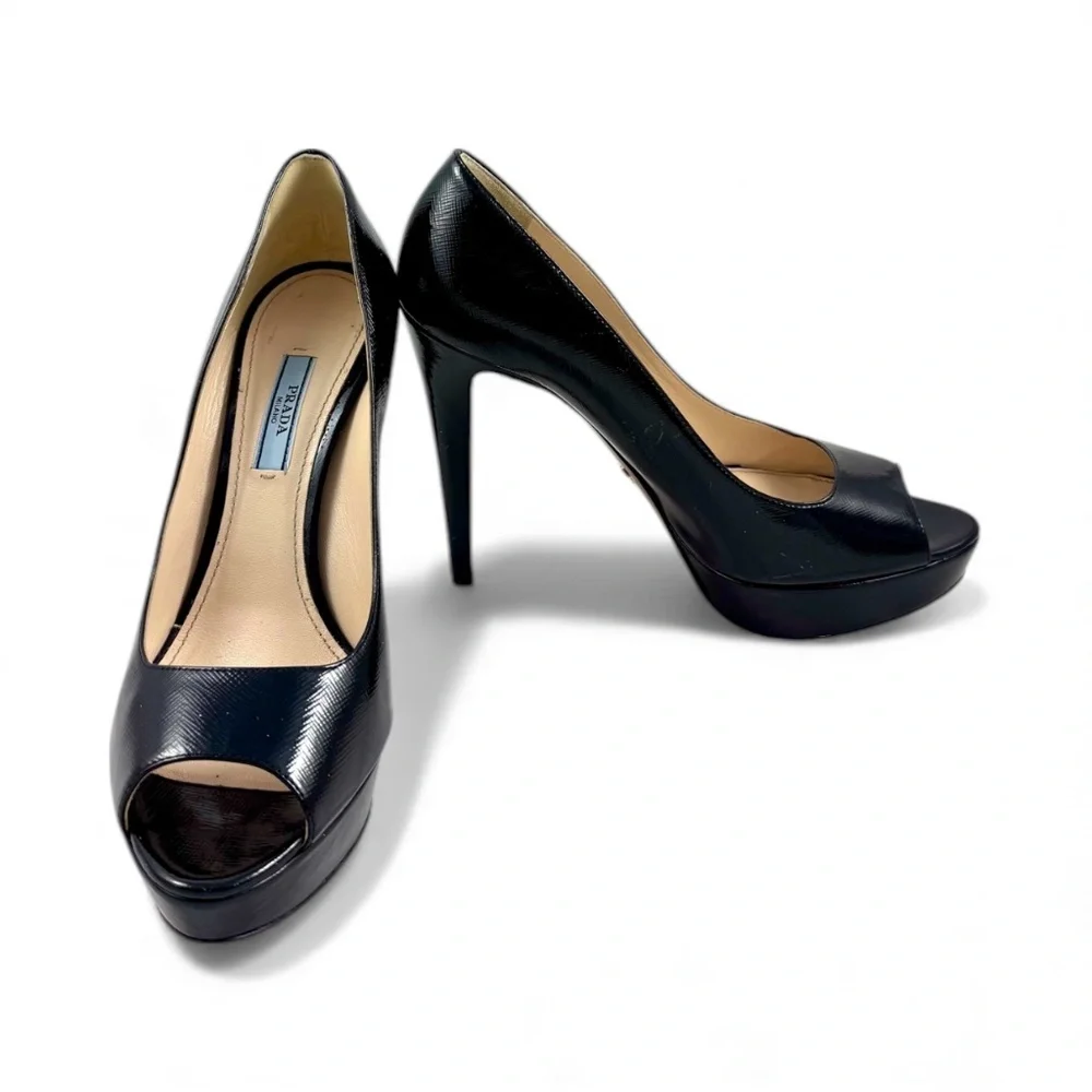 PRADA Vernice Saffiano leather peep toe platform pumps black size 39.5